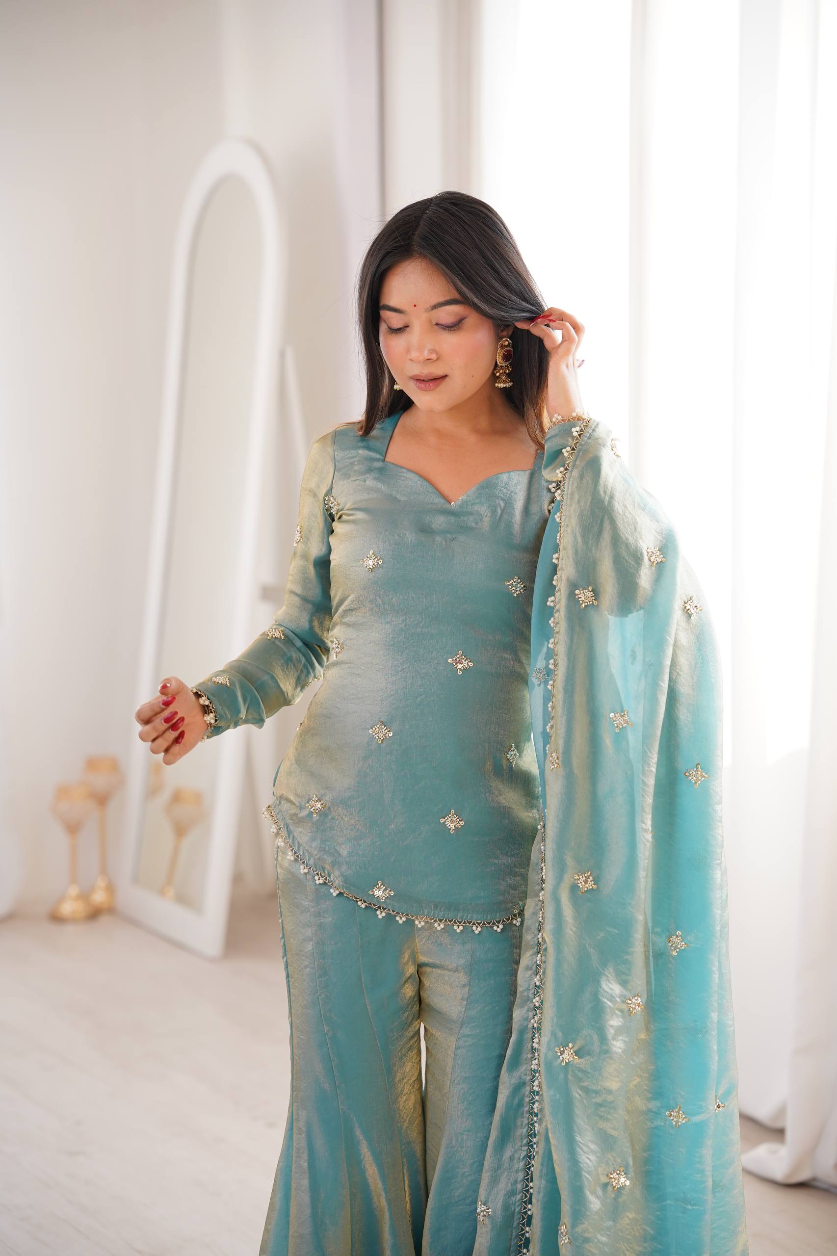 Women's Fendy Silk Embroidered Sharara Palazzo Suit Set with Dupatta