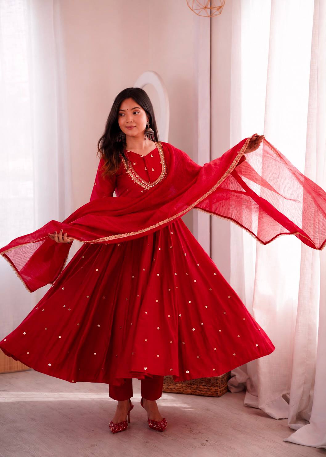 Roman Silk Embroidered Anarkali Gown with Real Mirror Work Three Piece Set