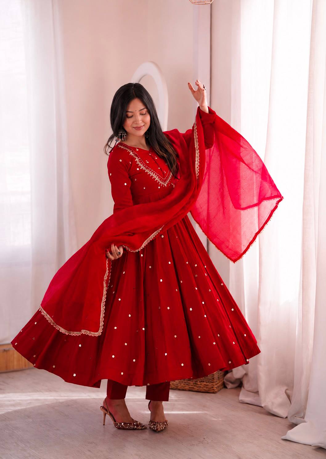 Roman Silk Embroidered Anarkali Gown with Real Mirror Work Three Piece Set