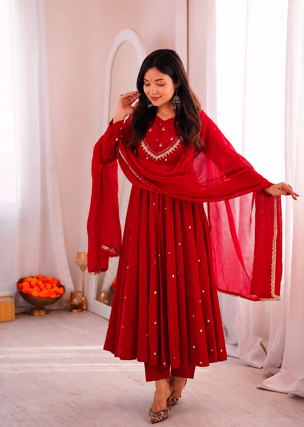 Roman Silk Embroidered Anarkali Gown with Real Mirror Work Three Piece Set