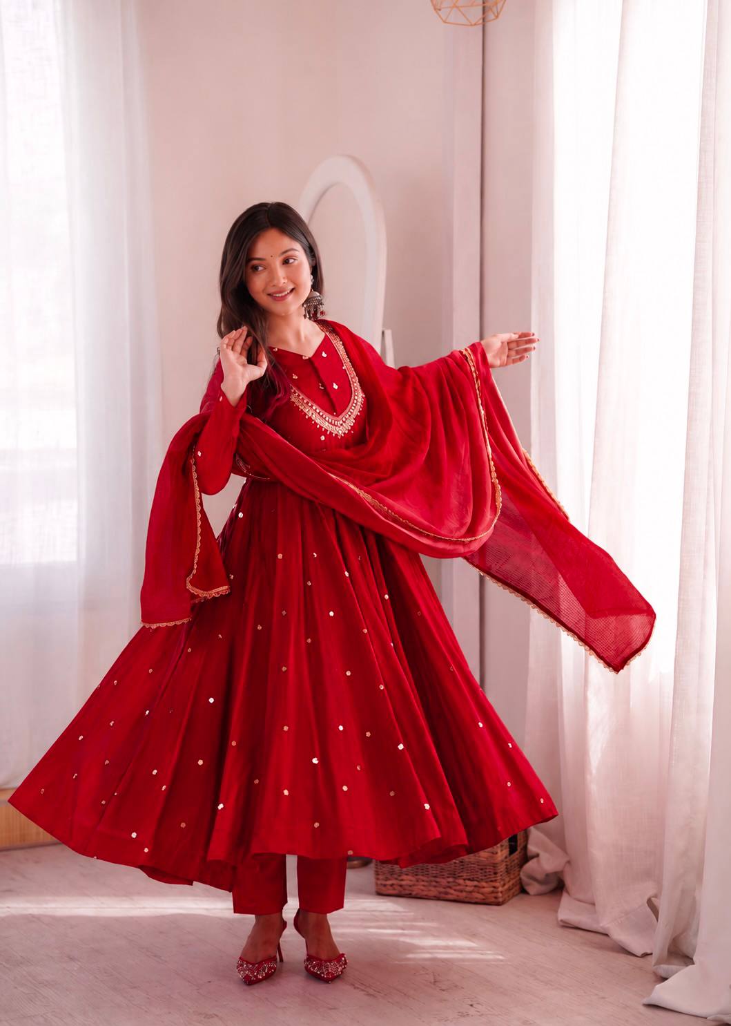 Roman Silk Embroidered Anarkali Gown with Real Mirror Work Three Piece Set