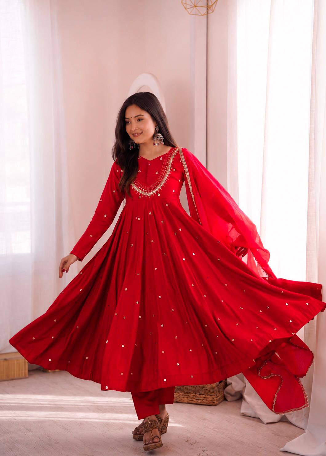 Roman Silk Embroidered Anarkali Gown with Real Mirror Work Three Piece Set