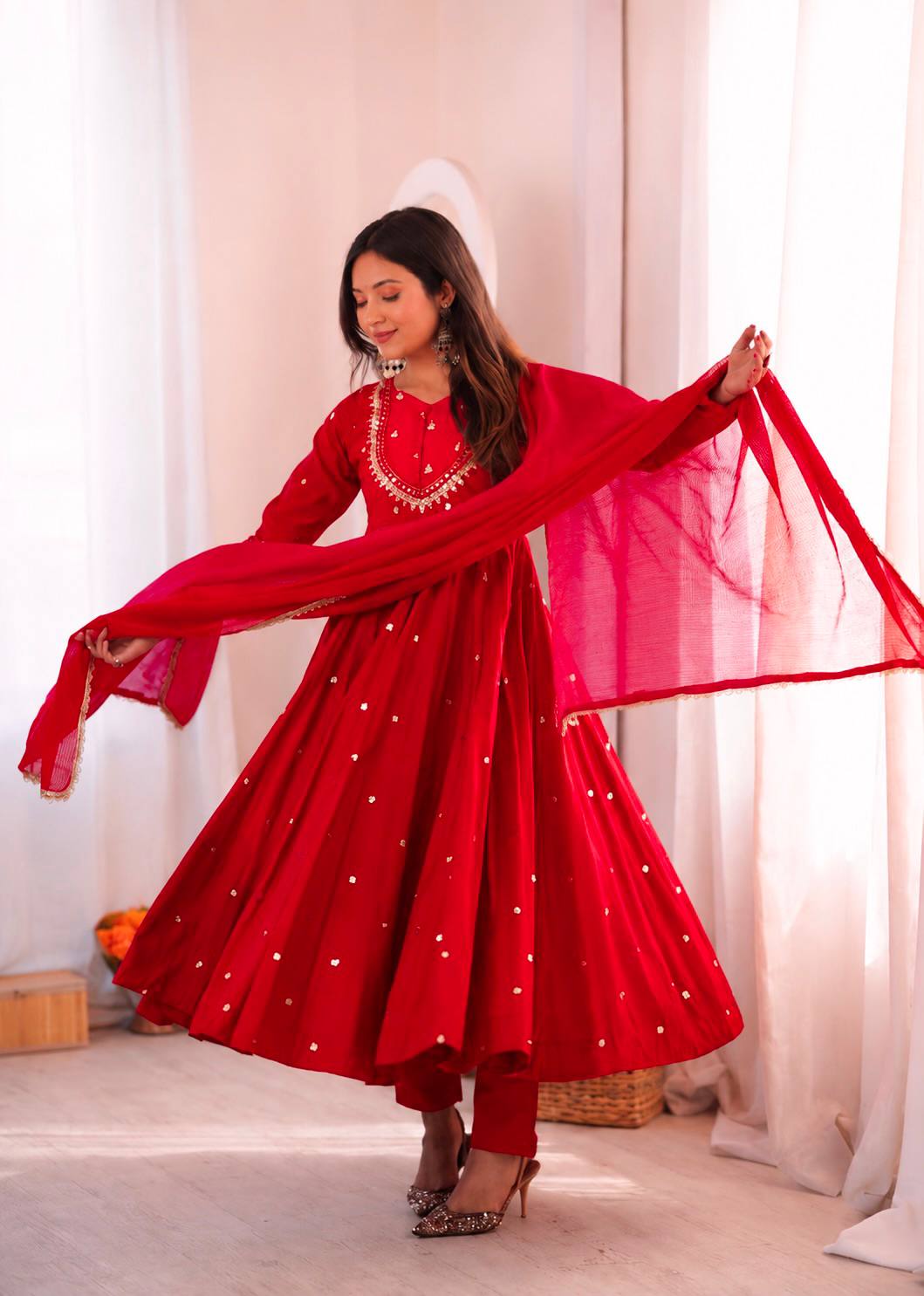 Roman Silk Embroidered Anarkali Gown with Real Mirror Work Three Piece Set