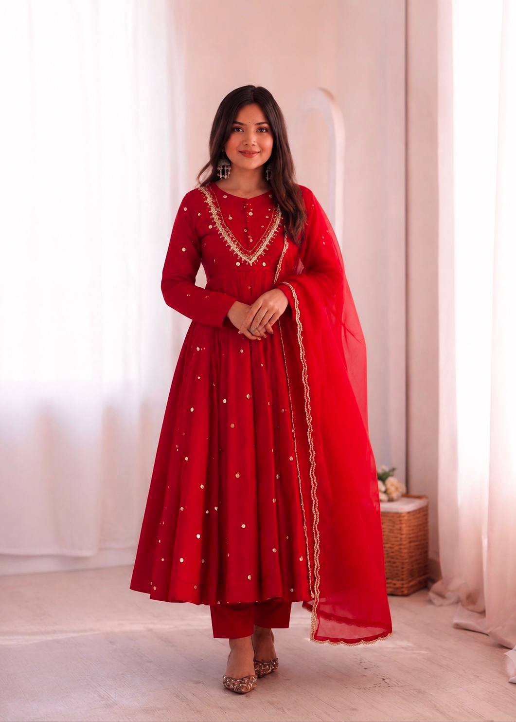 Roman Silk Embroidered Anarkali Gown with Real Mirror Work Three Piece Set