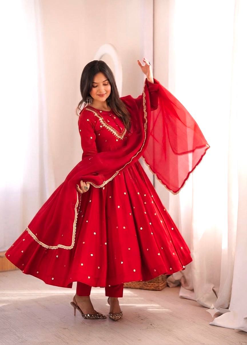 Roman Silk Embroidered Anarkali Gown with Real Mirror Work Three Piece Set