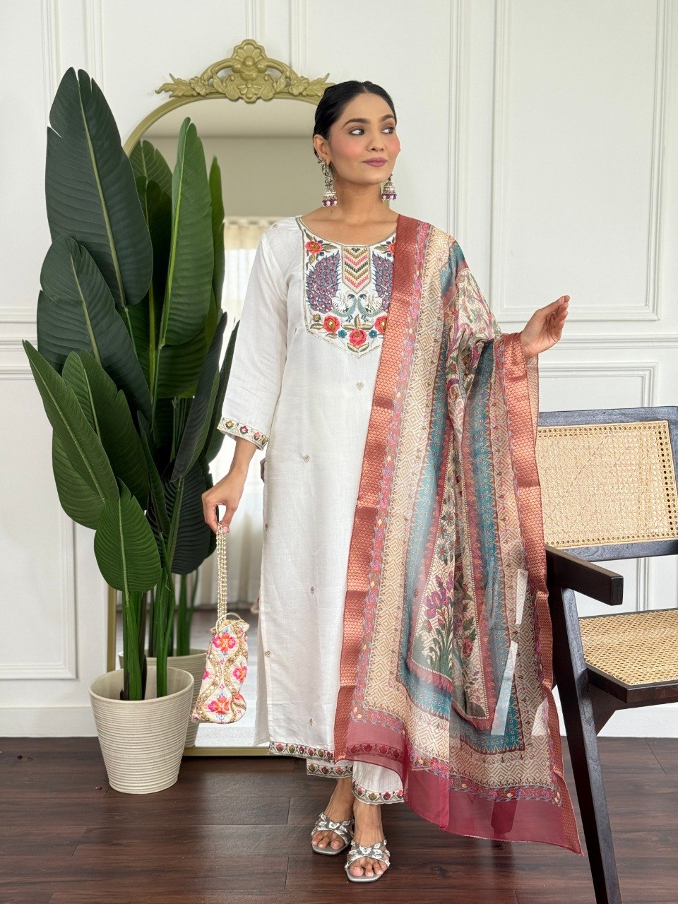 Women’s White Embroidered PV Chanderi Kurta Set with Organza Dupatta | Party Wear Ethnic Kurti Palazzo Set