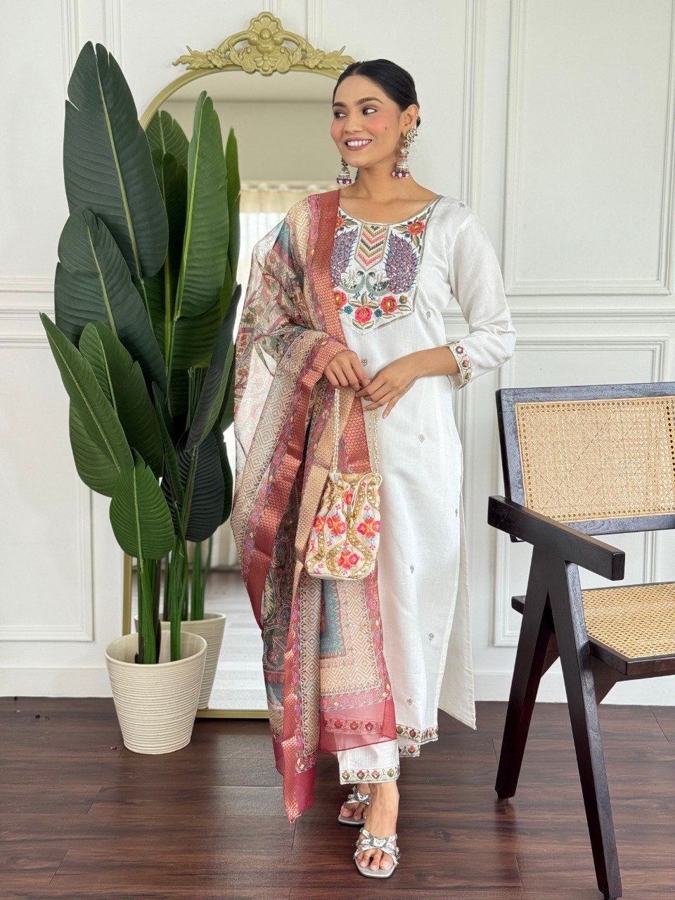 Women’s White Embroidered PV Chanderi Kurta Set with Organza Dupatta | Party Wear Ethnic Kurti Palazzo Set