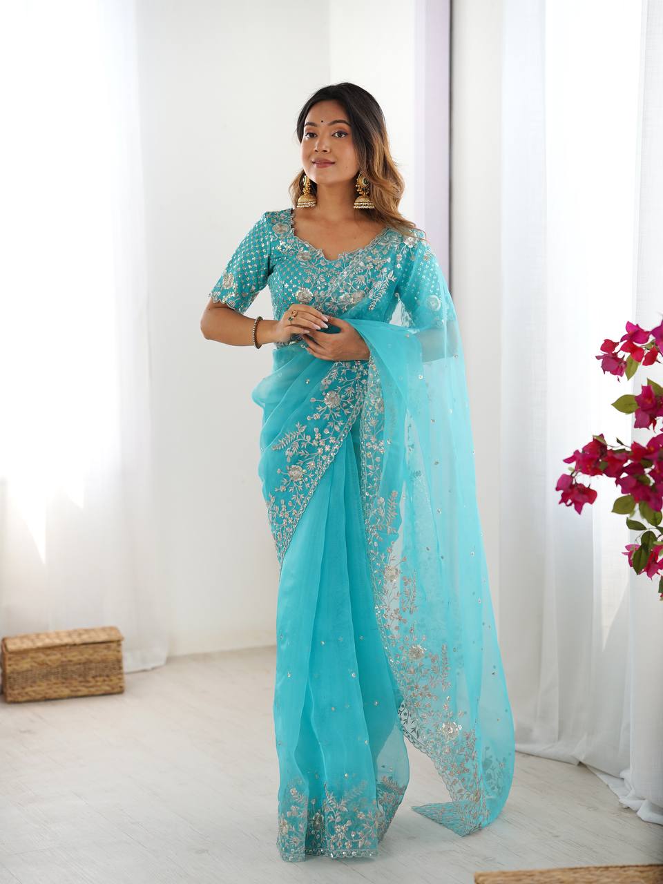 Women's Organza Silk Embroidered Saree with Unstitched Blouse