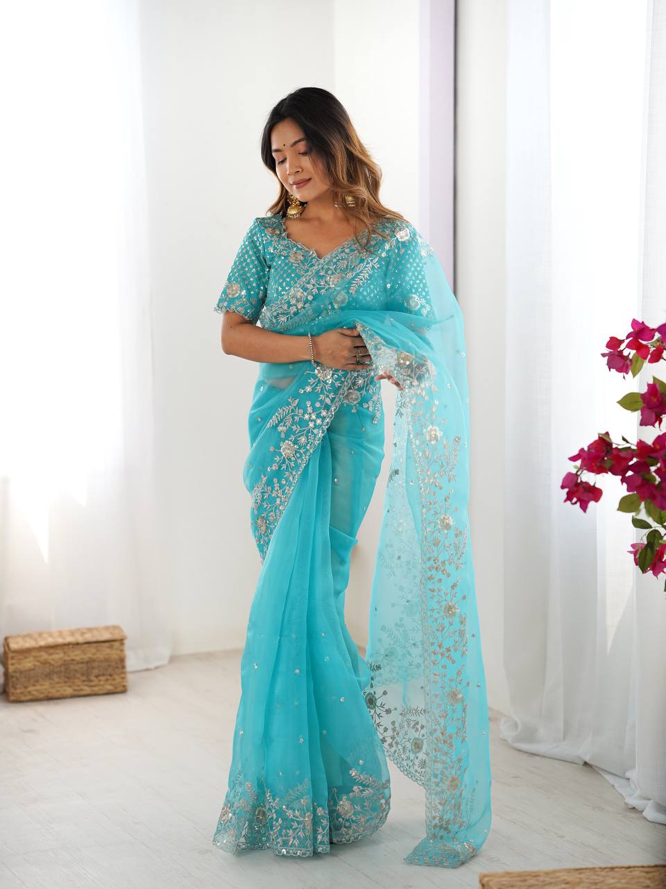 Women's Organza Silk Embroidered Saree with Unstitched Blouse
