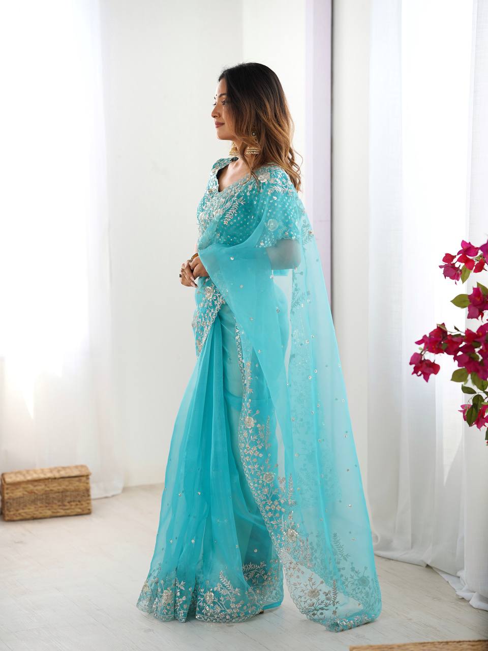 Women's Organza Silk Embroidered Saree with Unstitched Blouse