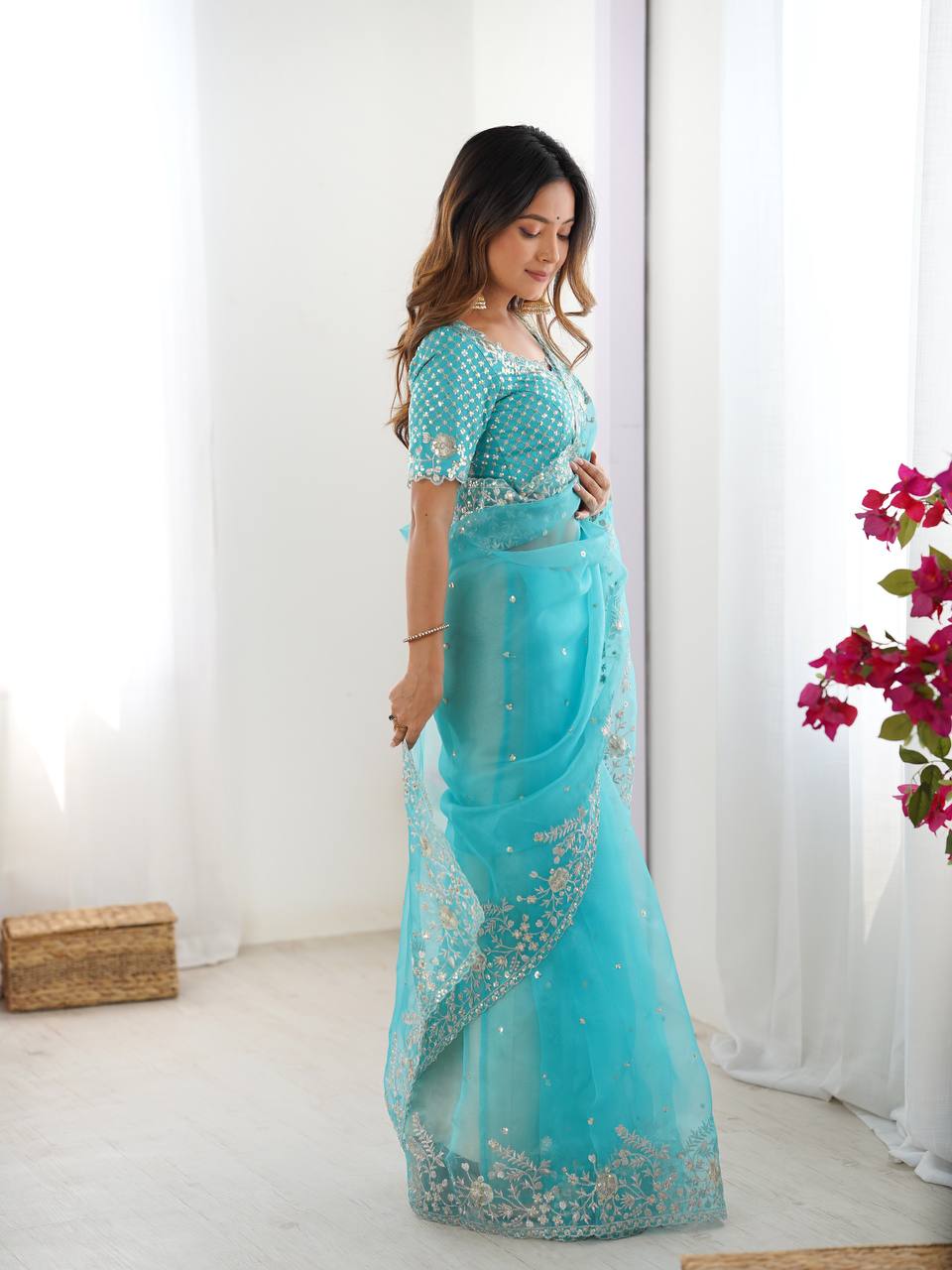 Women's Organza Silk Embroidered Saree with Unstitched Blouse