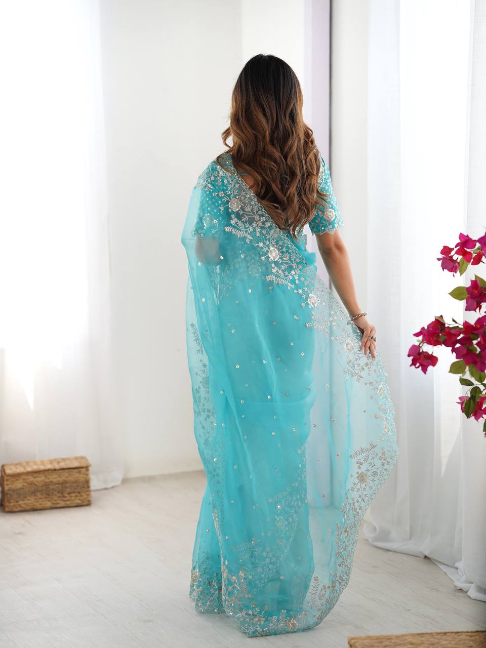 Women's Organza Silk Embroidered Saree with Unstitched Blouse