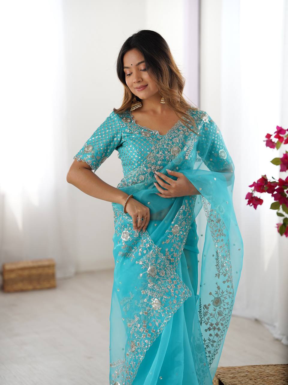 Women's Organza Silk Embroidered Saree with Unstitched Blouse