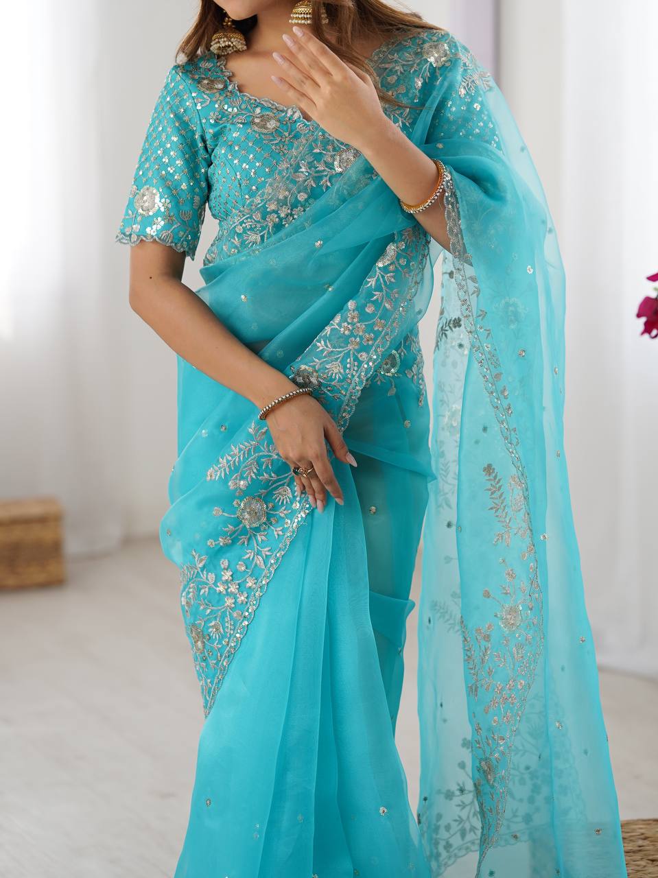 Women's Organza Silk Embroidered Saree with Unstitched Blouse