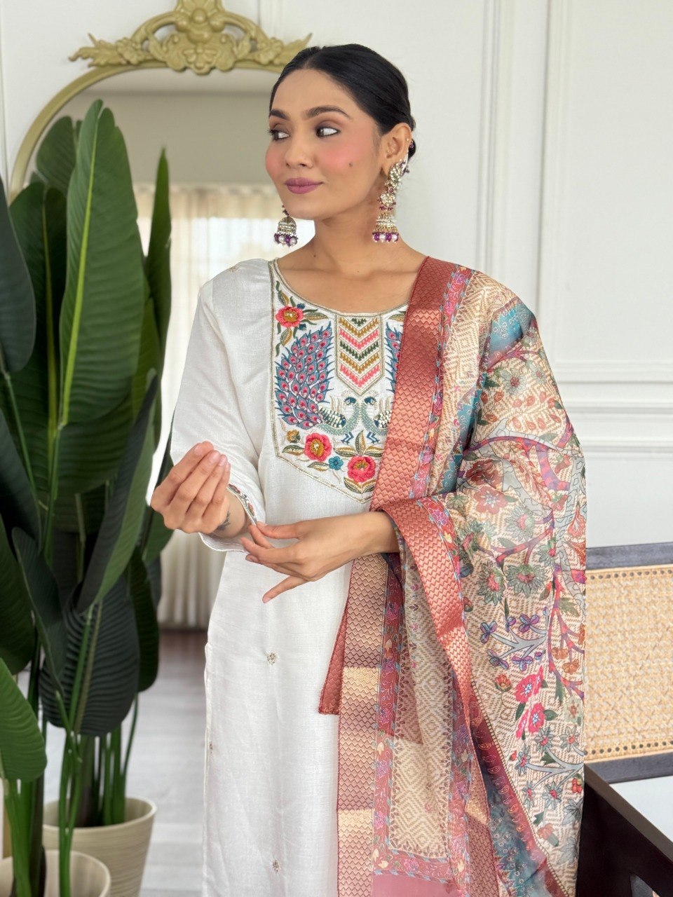 Women’s White Embroidered PV Chanderi Kurta Set with Organza Dupatta | Party Wear Ethnic Kurti Palazzo Set