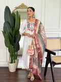 Women’s White Embroidered PV Chanderi Kurta Set with Organza Dupatta | Party Wear Ethnic Kurti Palazzo Set