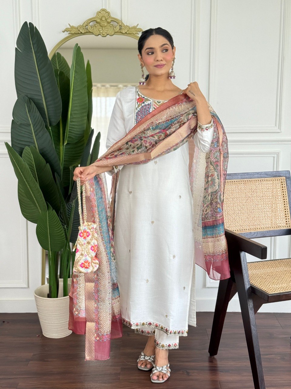 Women’s White Embroidered PV Chanderi Kurta Set with Organza Dupatta | Party Wear Ethnic Kurti Palazzo Set