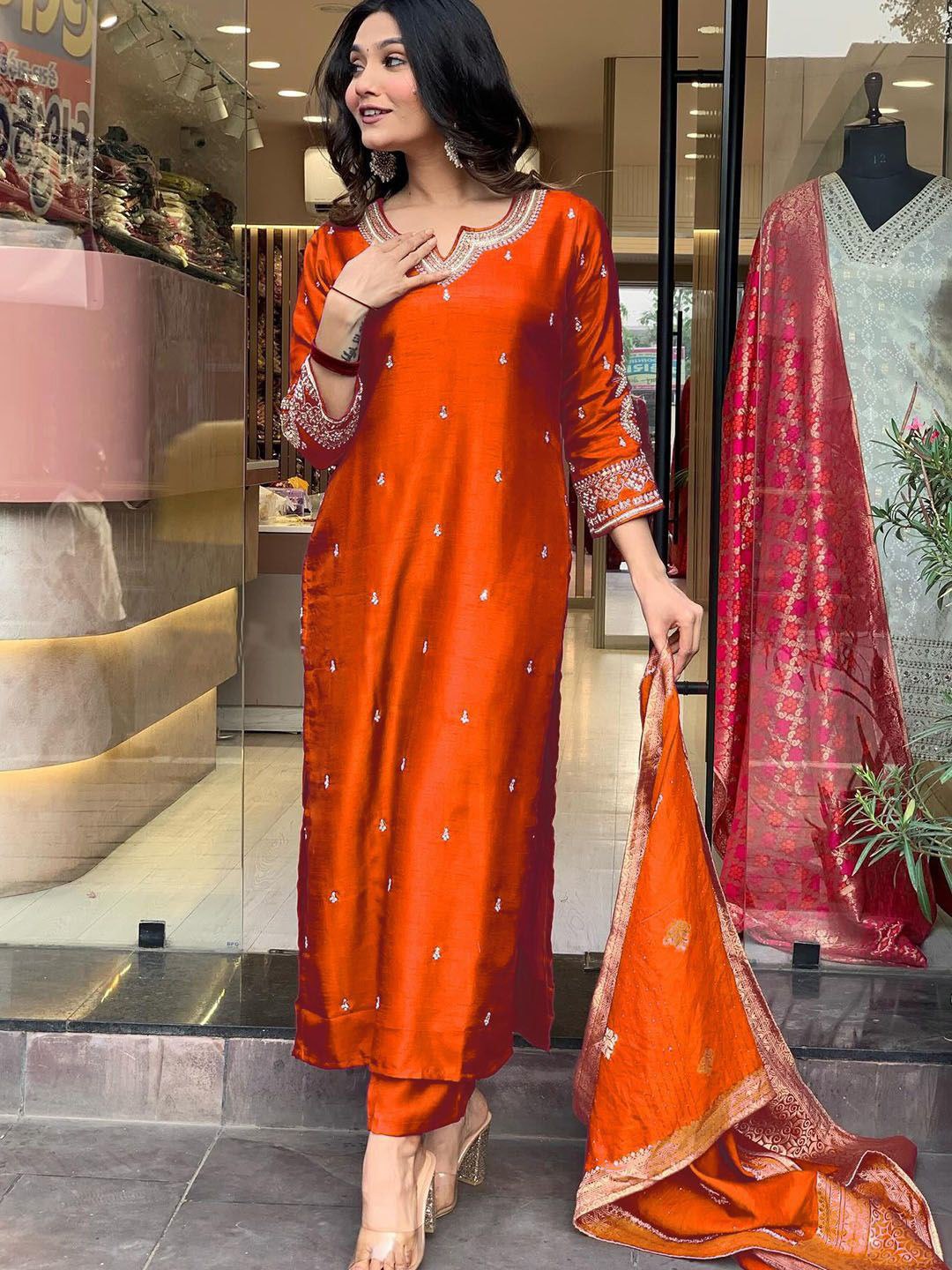 Women's Orange PV Chanderi Roman Silk Embroidered Kurta Pant Set with Jacquard Dupatta