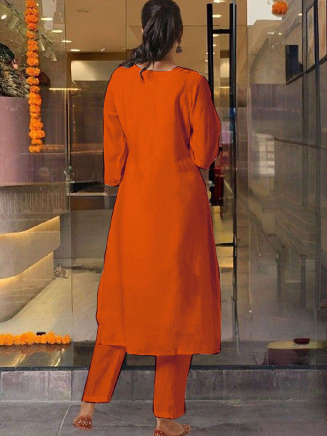 Women's Orange PV Chanderi Roman Silk Embroidered Kurta Pant Set with Jacquard Dupatta