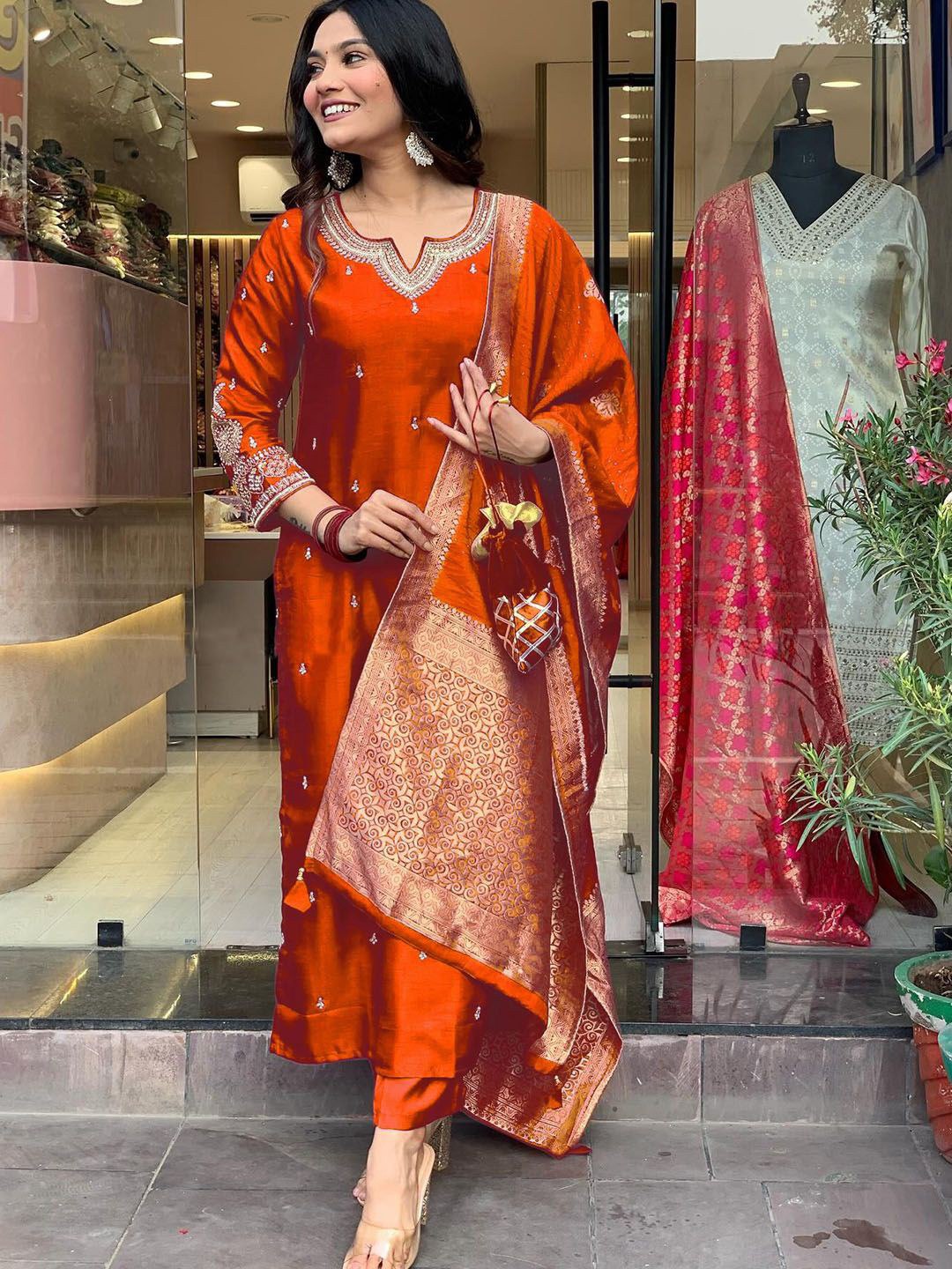 Women's Orange PV Chanderi Roman Silk Embroidered Kurta Pant Set with Jacquard Dupatta