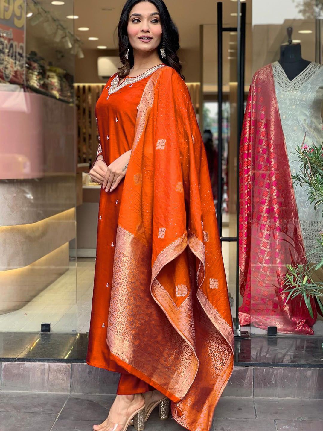 Women's Orange PV Chanderi Roman Silk Embroidered Kurta Pant Set with Jacquard Dupatta