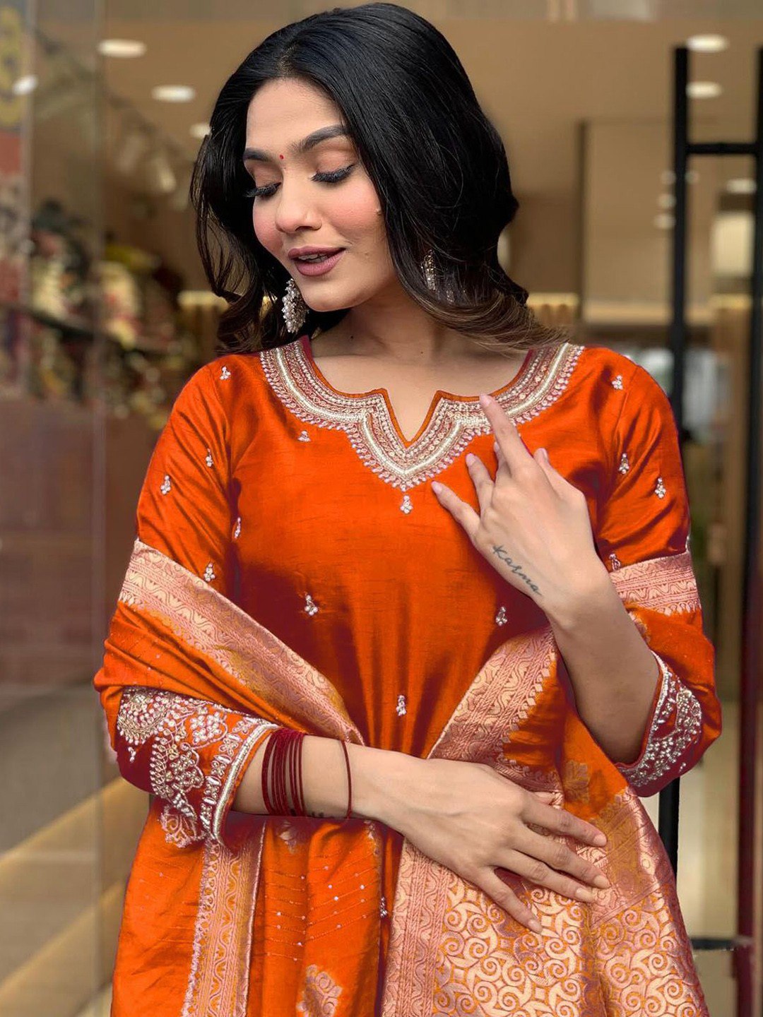 Women's Orange PV Chanderi Roman Silk Embroidered Kurta Pant Set with Jacquard Dupatta