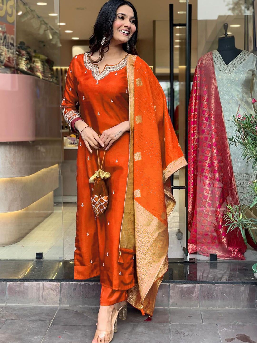 Women's Orange PV Chanderi Roman Silk Embroidered Kurta Pant Set with Jacquard Dupatta