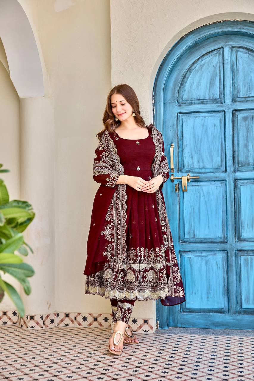 Women's Heavy Crunchy Silk Designer Embroidered Anarkali Set with Pant and Dupatta