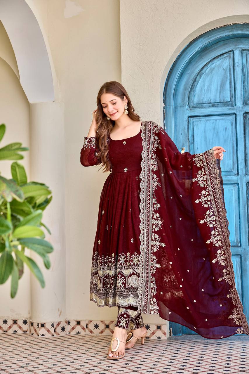 Women's Heavy Crunchy Silk Designer Embroidered Anarkali Set with Pant and Dupatta