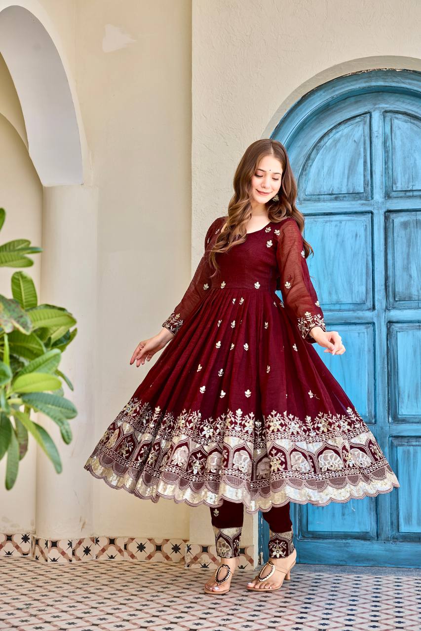 Women's Heavy Crunchy Silk Designer Embroidered Anarkali Set with Pant and Dupatta