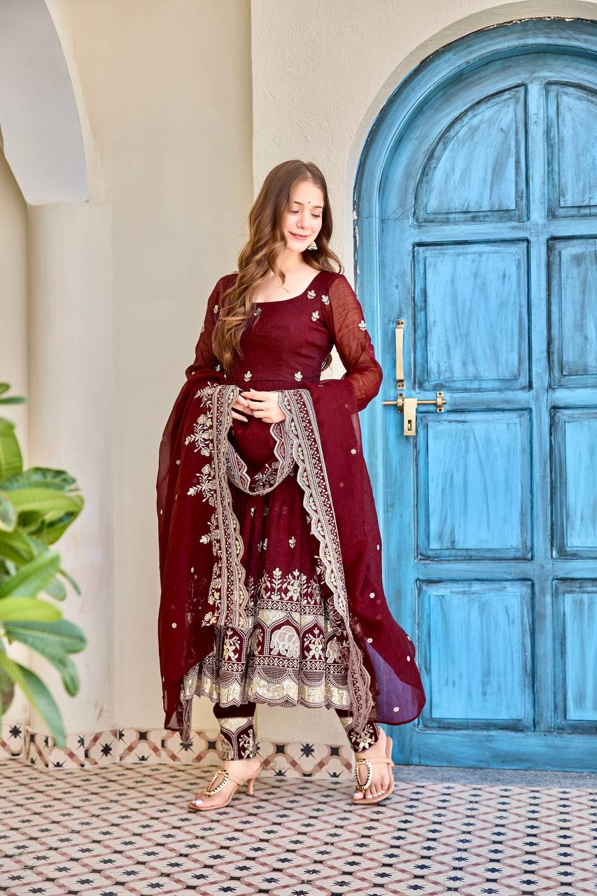 Women's Heavy Crunchy Silk Designer Embroidered Anarkali Set with Pant and Dupatta
