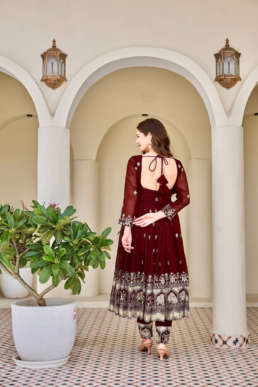 Women's Heavy Crunchy Silk Designer Embroidered Anarkali Set with Pant and Dupatta