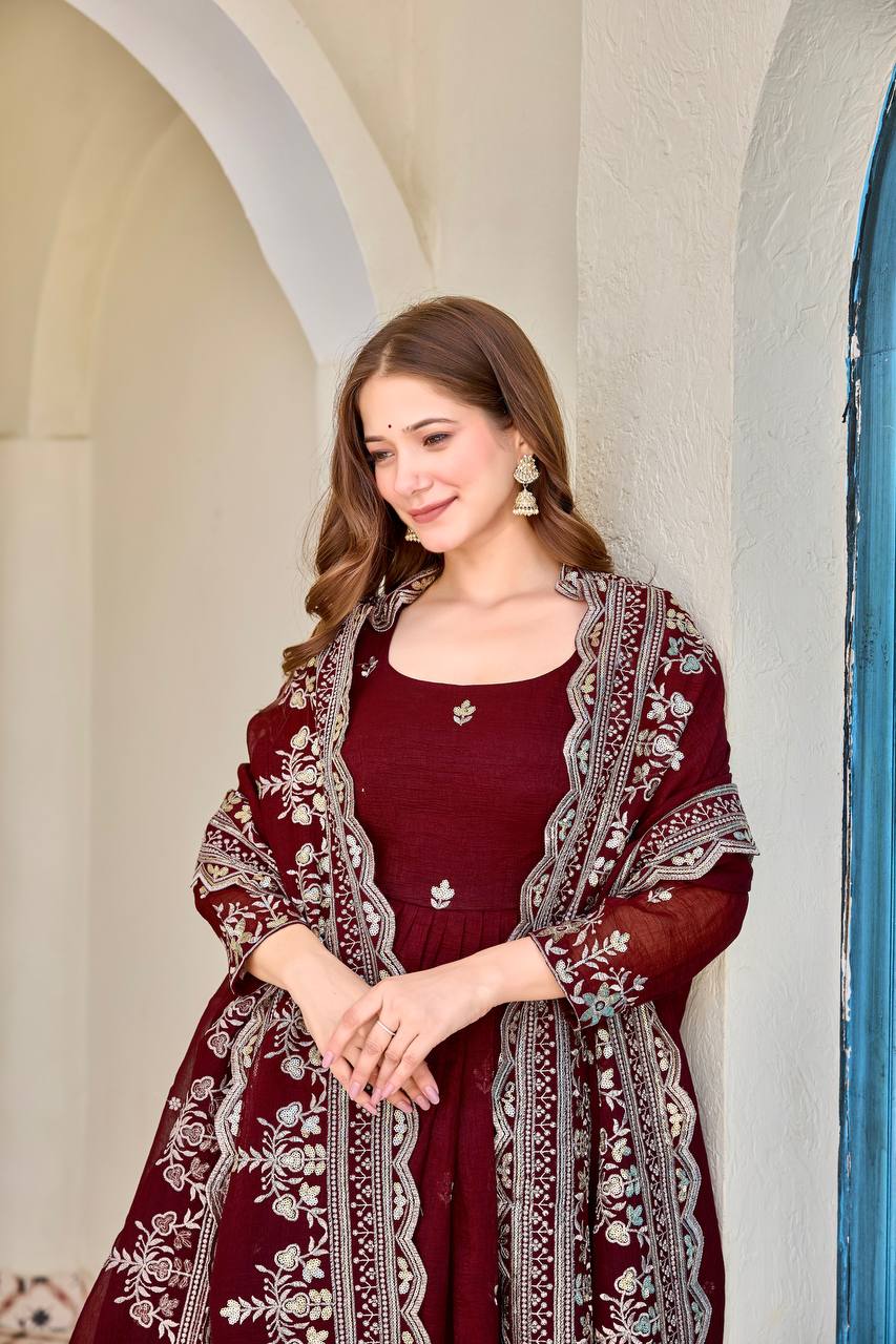 Women's Heavy Crunchy Silk Designer Embroidered Anarkali Set with Pant and Dupatta