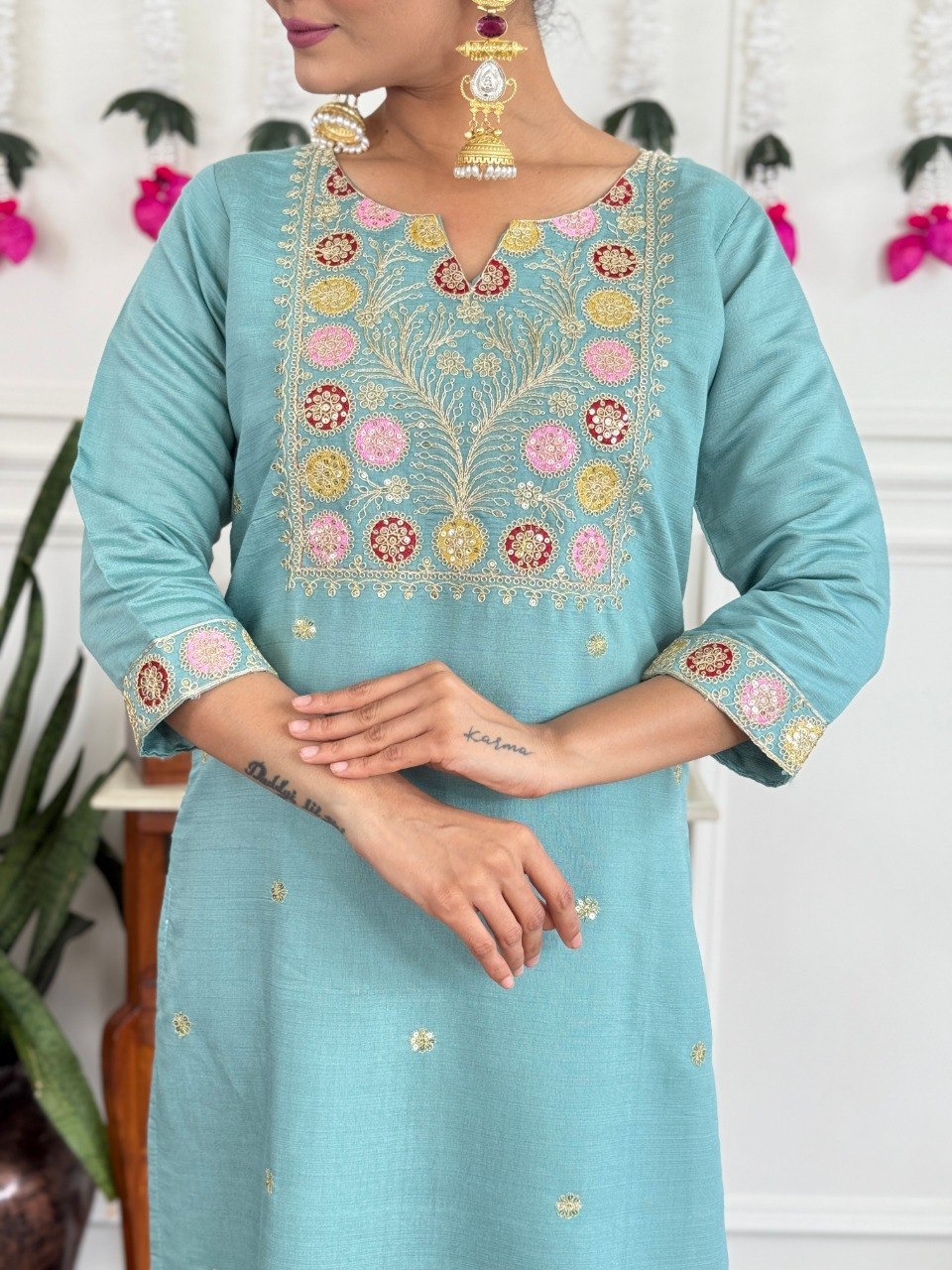 Women's Embroidered PV Chanderi Kurta Pant Set with Silk Dupatta