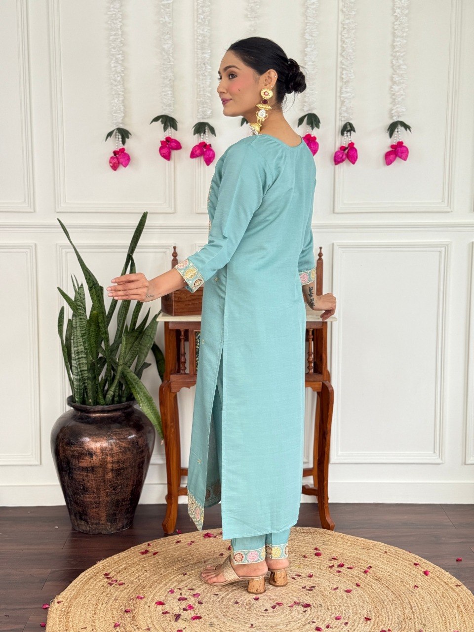 Women's Embroidered PV Chanderi Kurta Pant Set with Silk Dupatta
