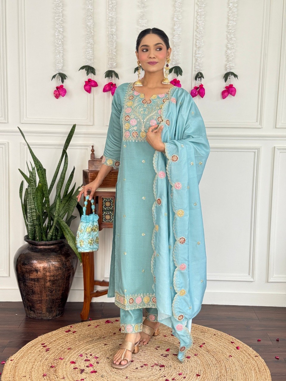 Women's Embroidered PV Chanderi Kurta Pant Set with Silk Dupatta