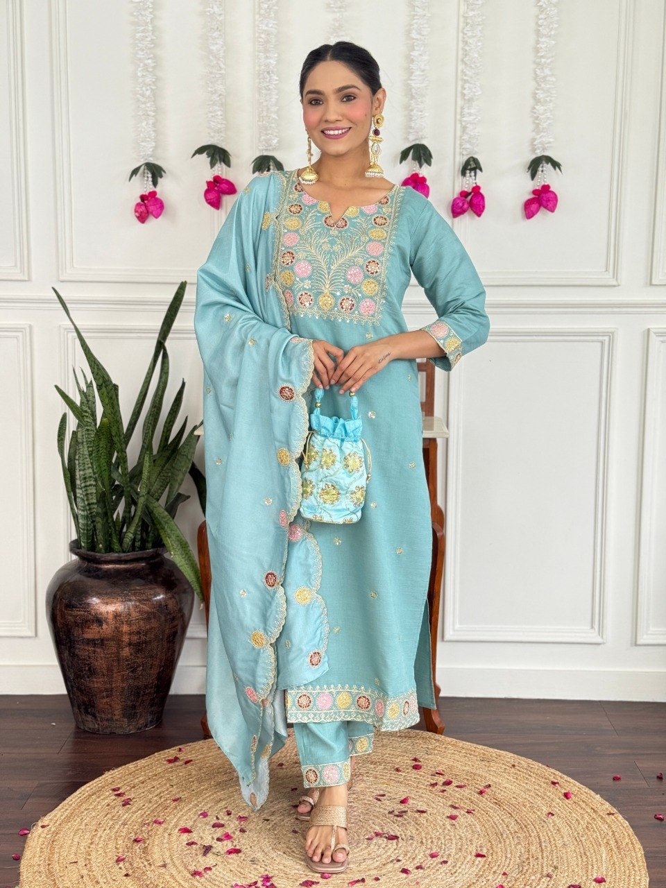 Women's Embroidered PV Chanderi Kurta Pant Set with Silk Dupatta