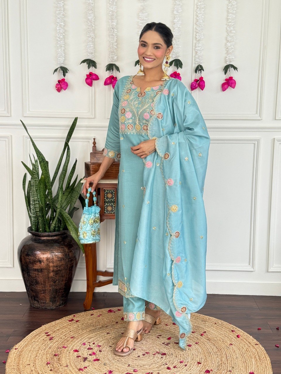 Women's Embroidered PV Chanderi Kurta Pant Set with Silk Dupatta