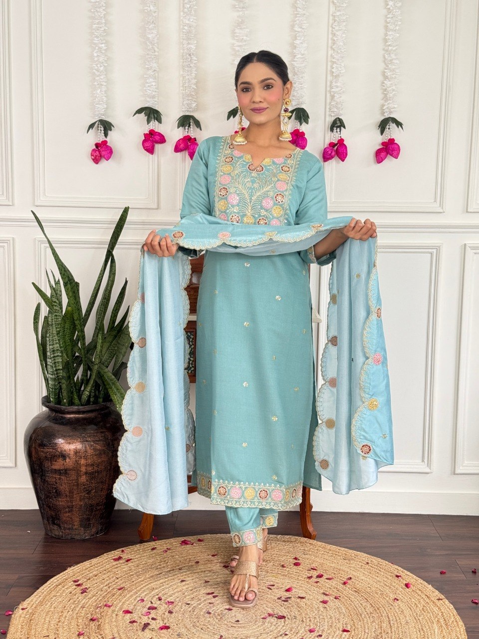Women's Embroidered PV Chanderi Kurta Pant Set with Silk Dupatta