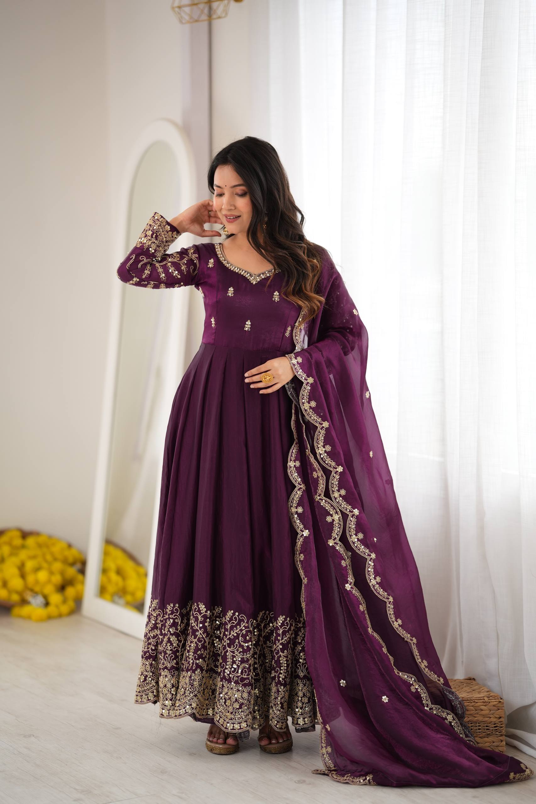 Premium Fendy Silk Embroidered Anarkali Gown Pant Dupatta Set for Women