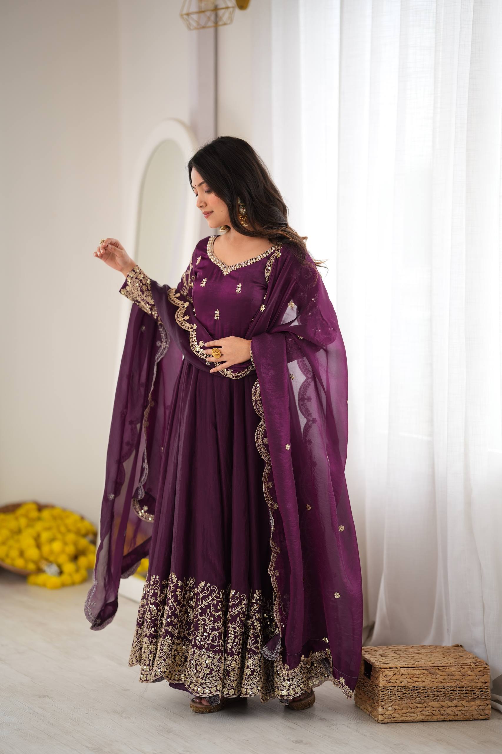 Premium Fendy Silk Embroidered Anarkali Gown Pant Dupatta Set for Women