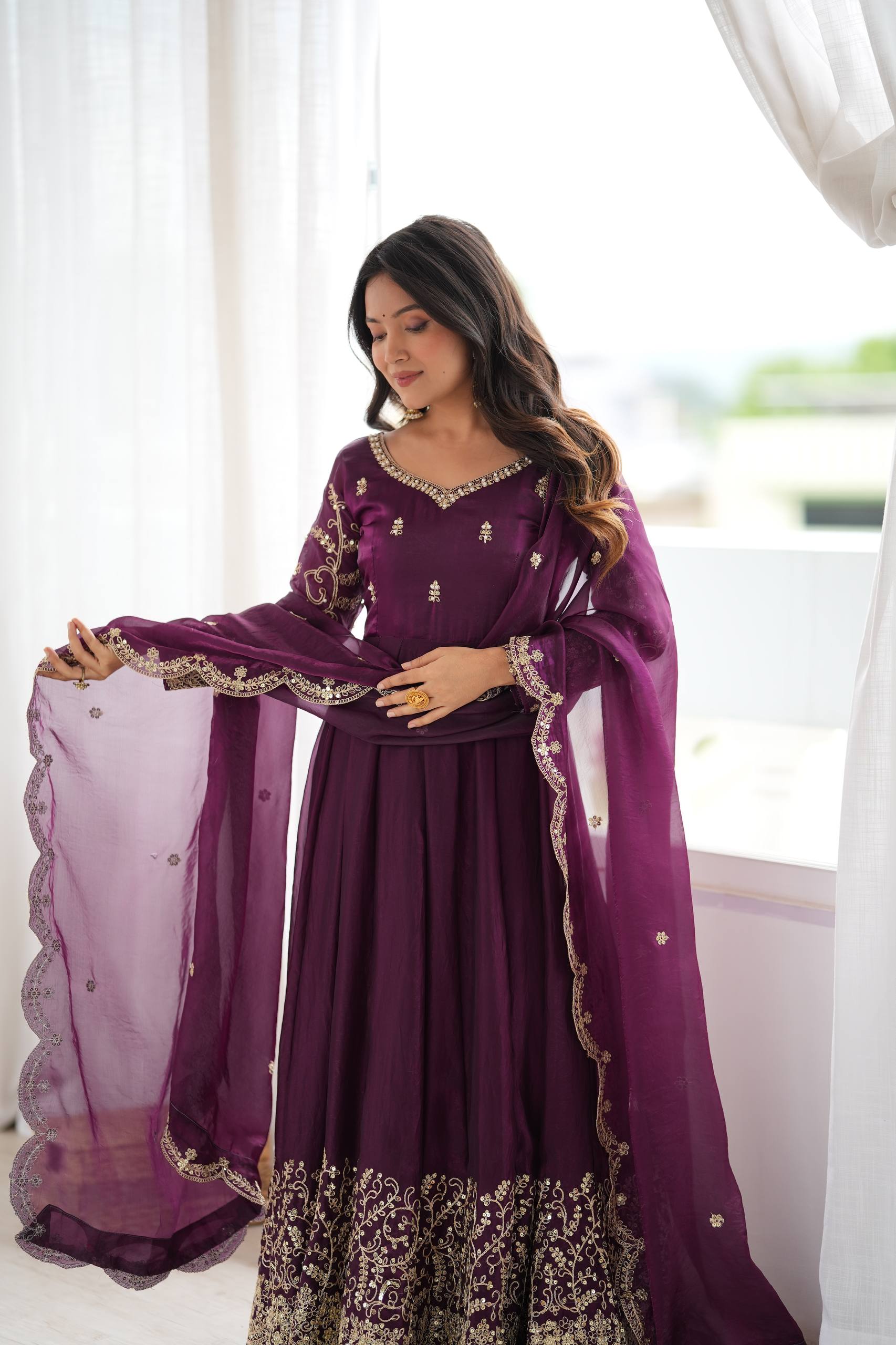 Premium Fendy Silk Embroidered Anarkali Gown Pant Dupatta Set for Women