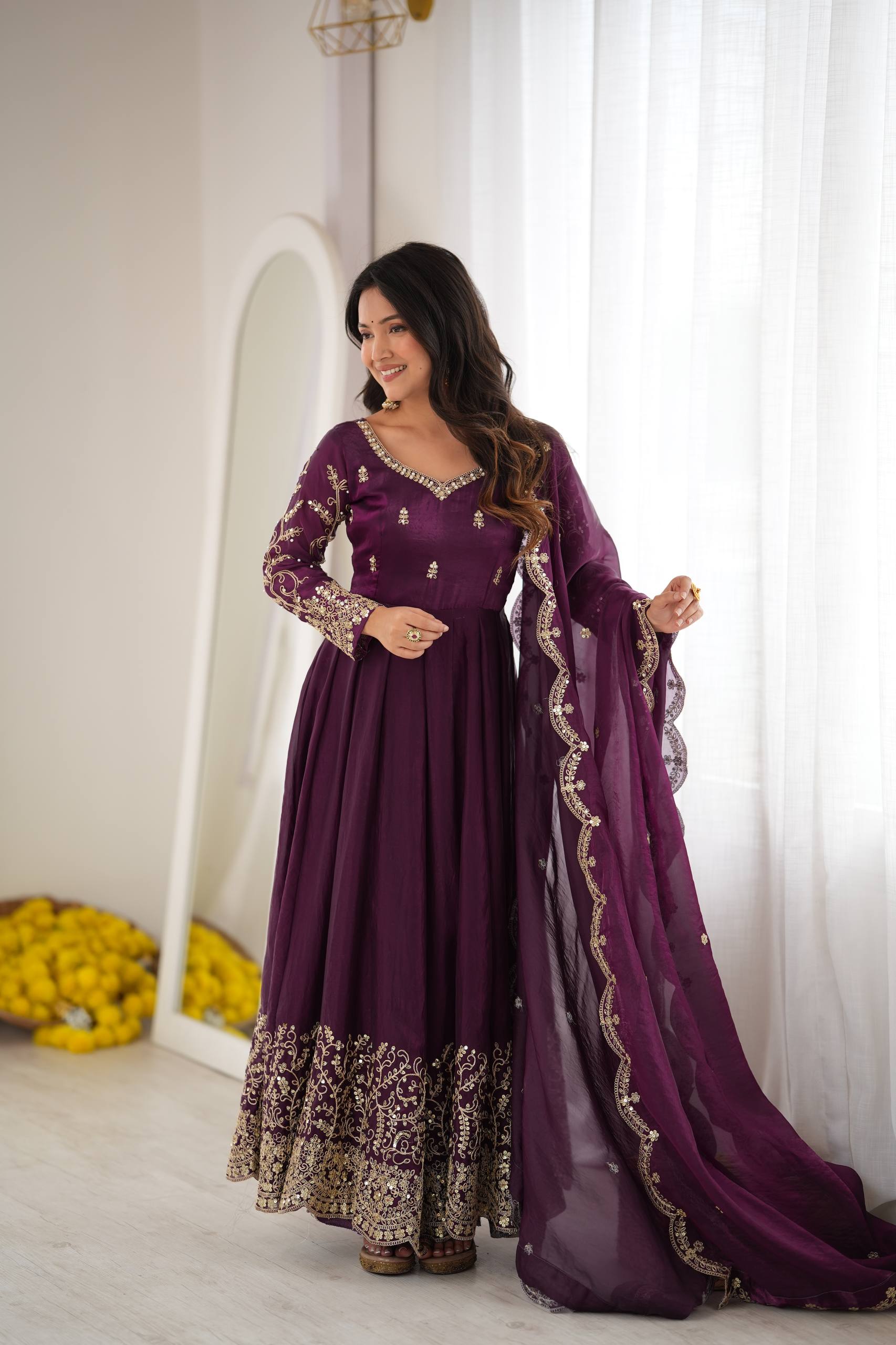 Premium Fendy Silk Embroidered Anarkali Gown Pant Dupatta Set for Women