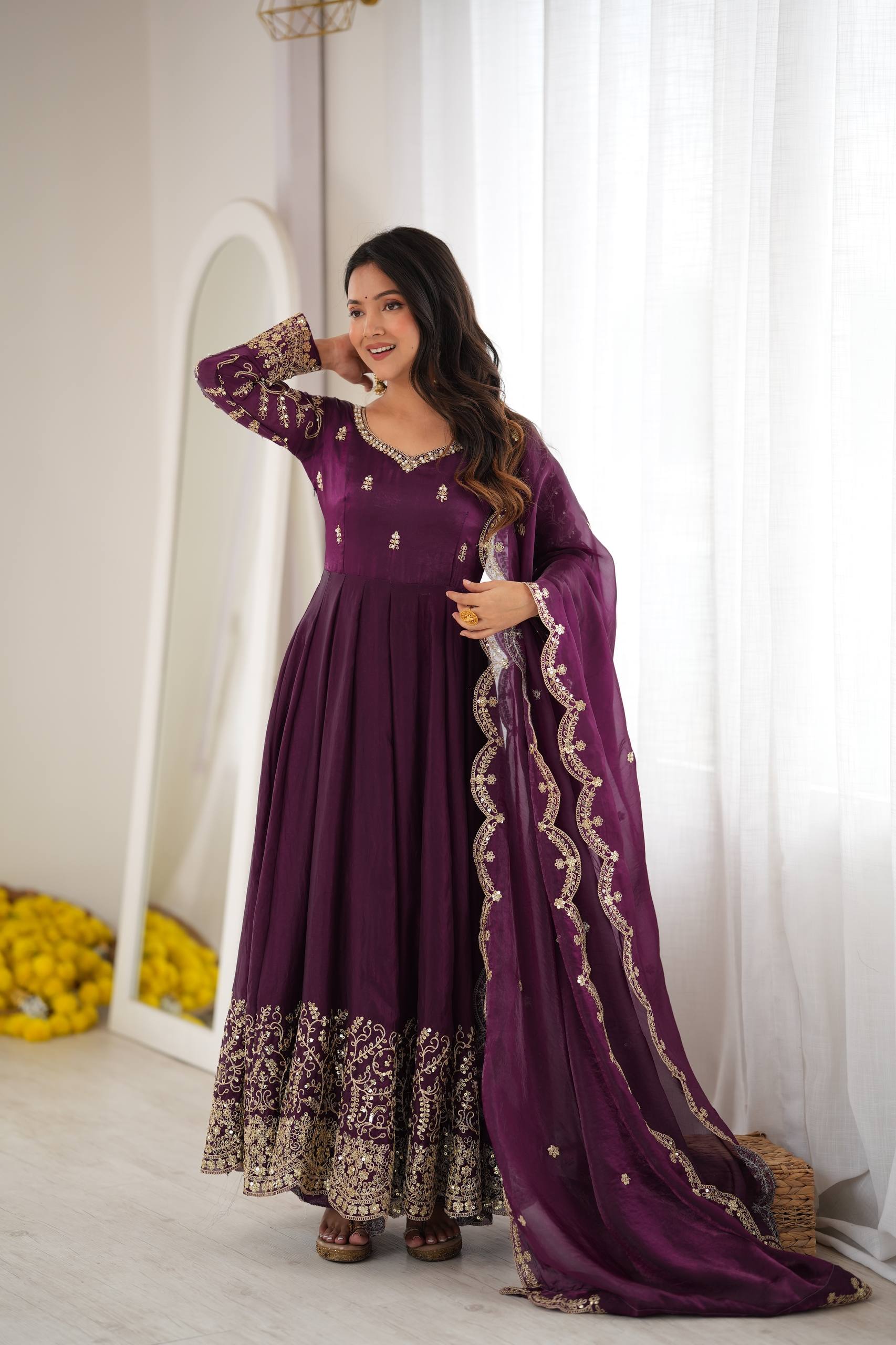 Premium Fendy Silk Embroidered Anarkali Gown Pant Dupatta Set for Women