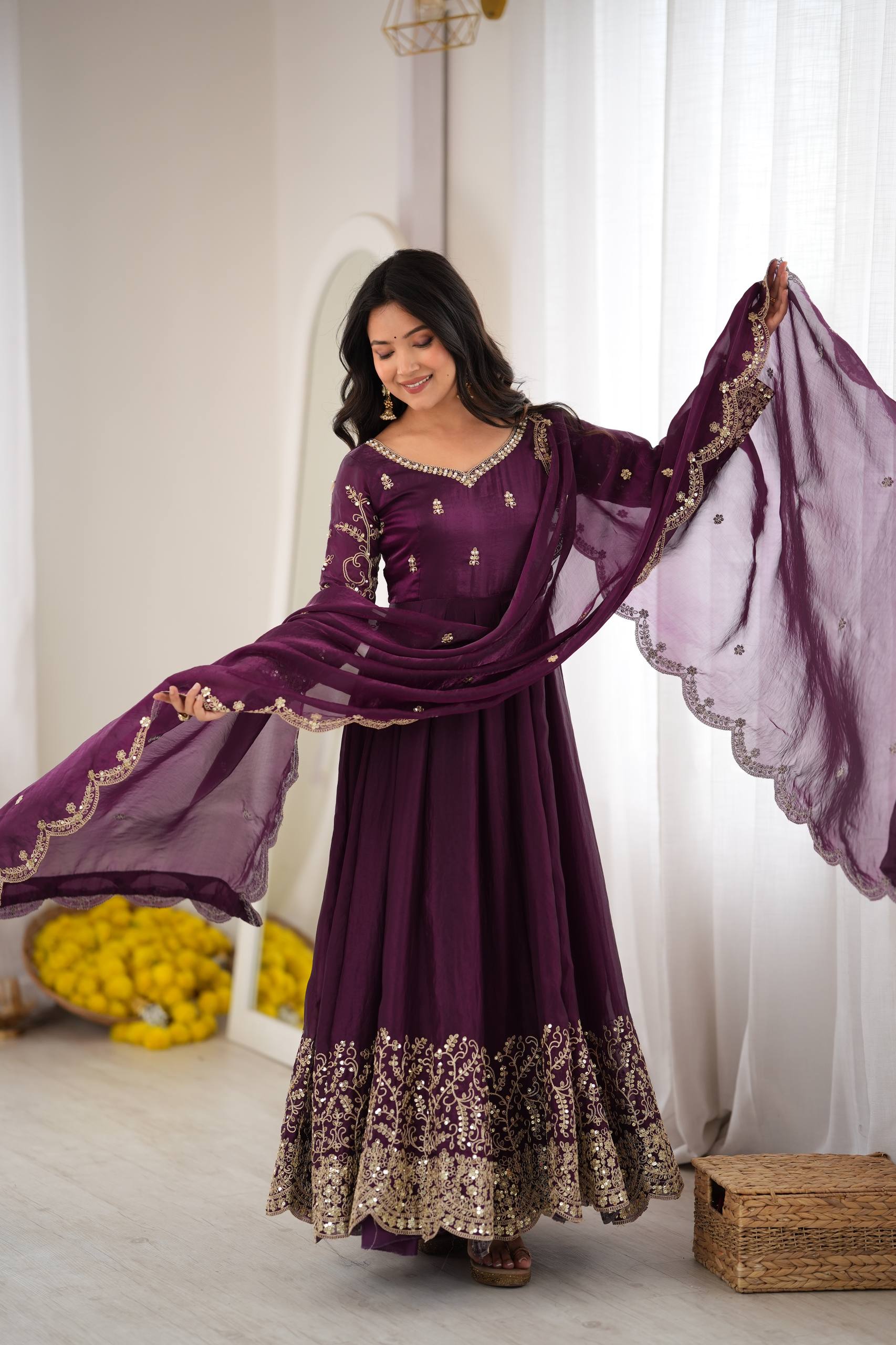 Premium Fendy Silk Embroidered Anarkali Gown Pant Dupatta Set for Women