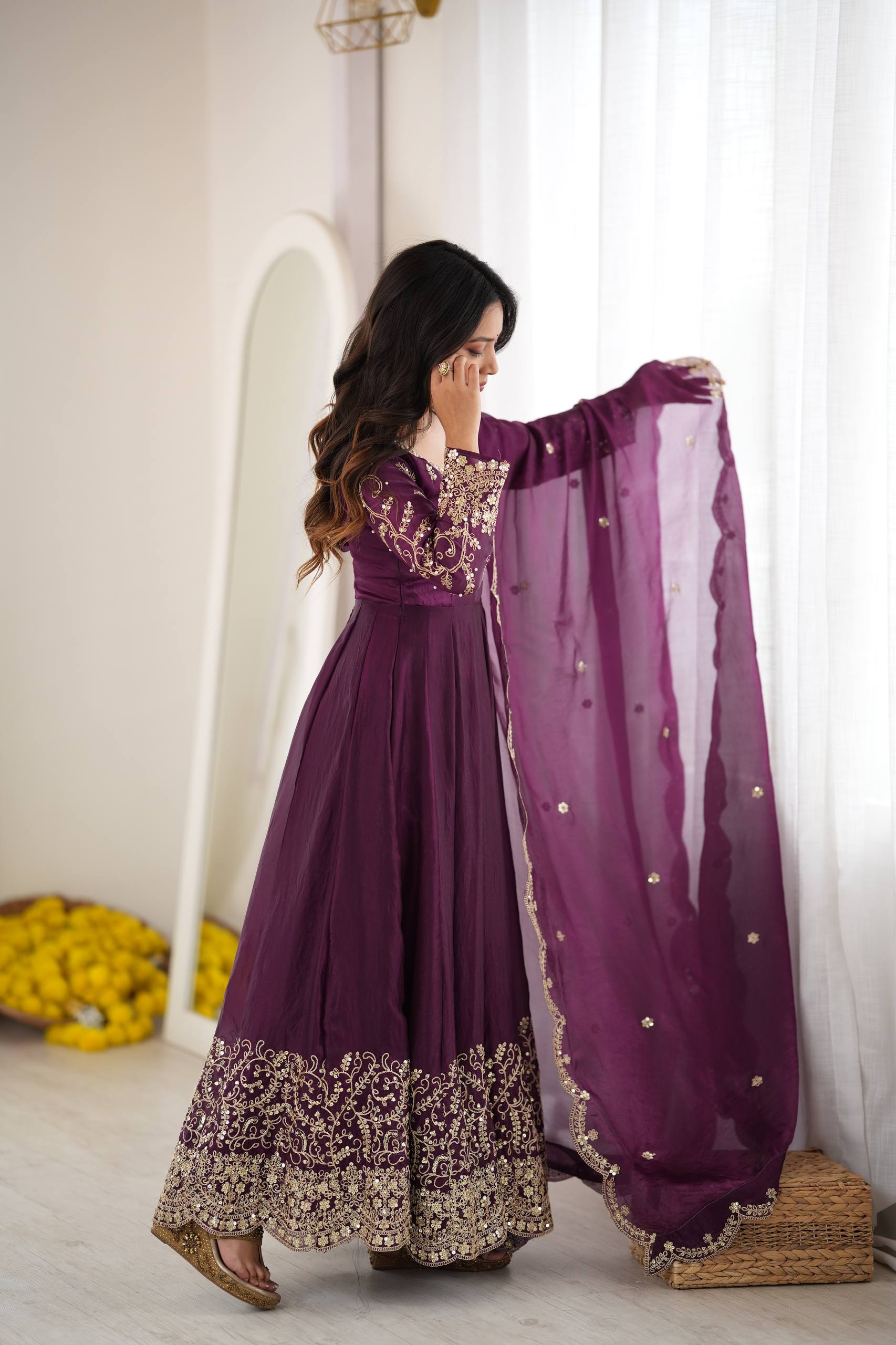 Premium Fendy Silk Embroidered Anarkali Gown Pant Dupatta Set for Women