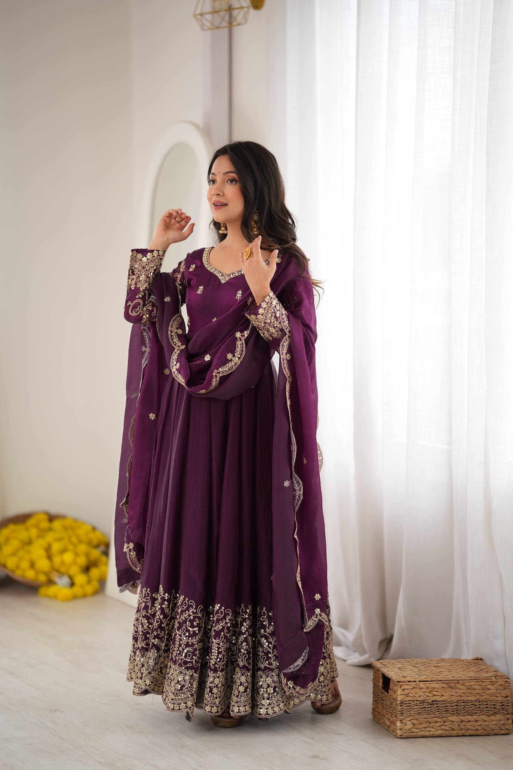 Premium Fendy Silk Embroidered Anarkali Gown Pant Dupatta Set for Women