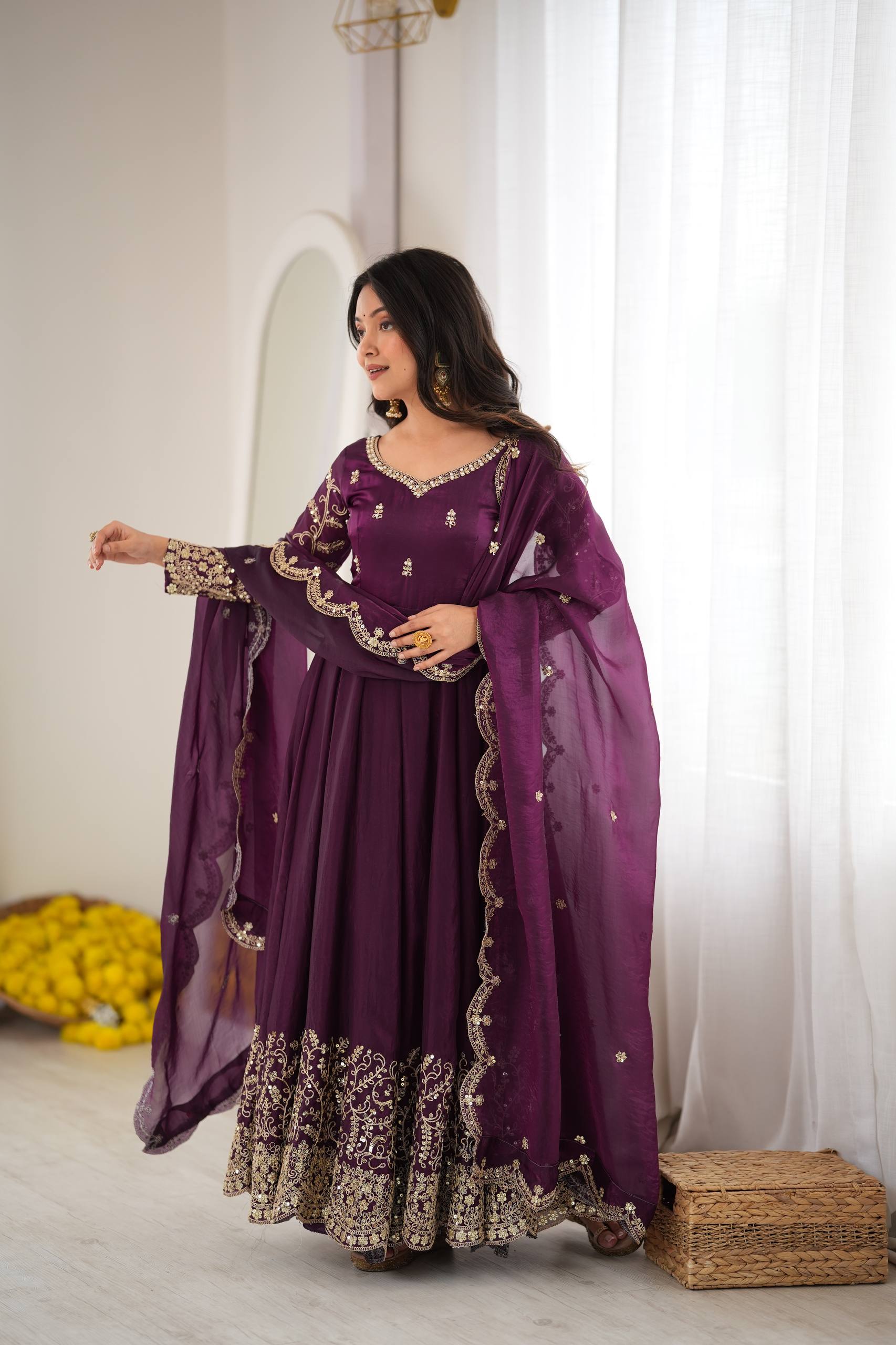 Premium Fendy Silk Embroidered Anarkali Gown Pant Dupatta Set for Women