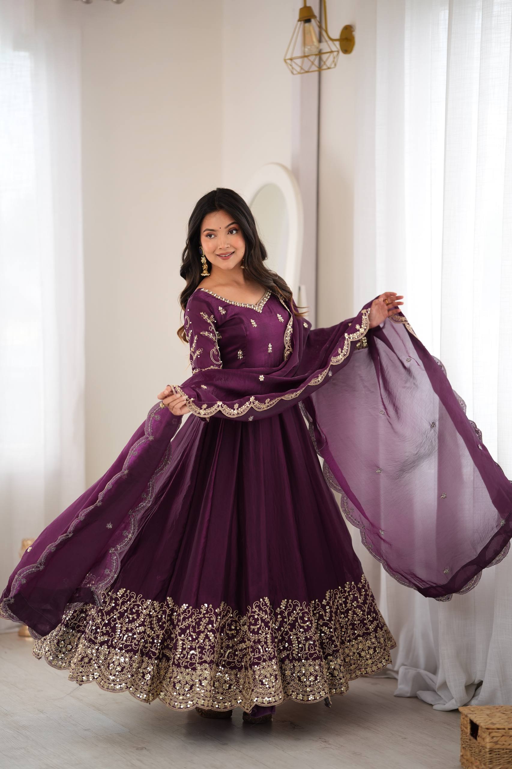 Premium Fendy Silk Embroidered Anarkali Gown Pant Dupatta Set for Women