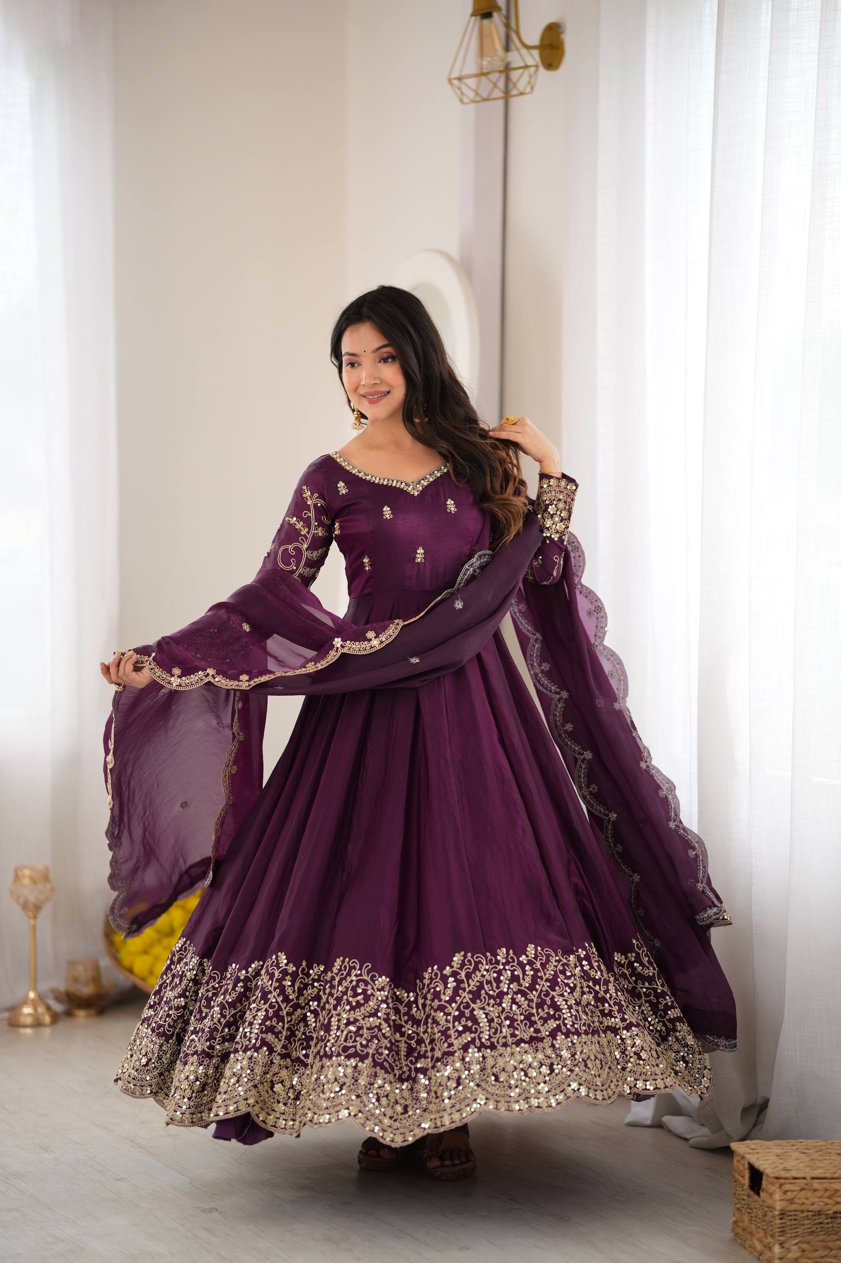 Premium Fendy Silk Embroidered Anarkali Gown Pant Dupatta Set for Women